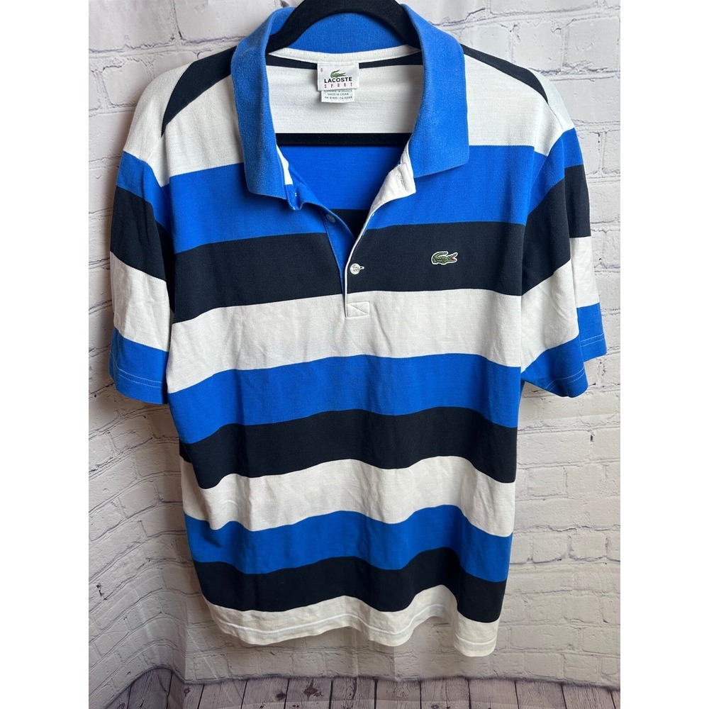Lacoste Sport Polo Shirt Striped Short Sleeve‎ Casual Blue Black White 6